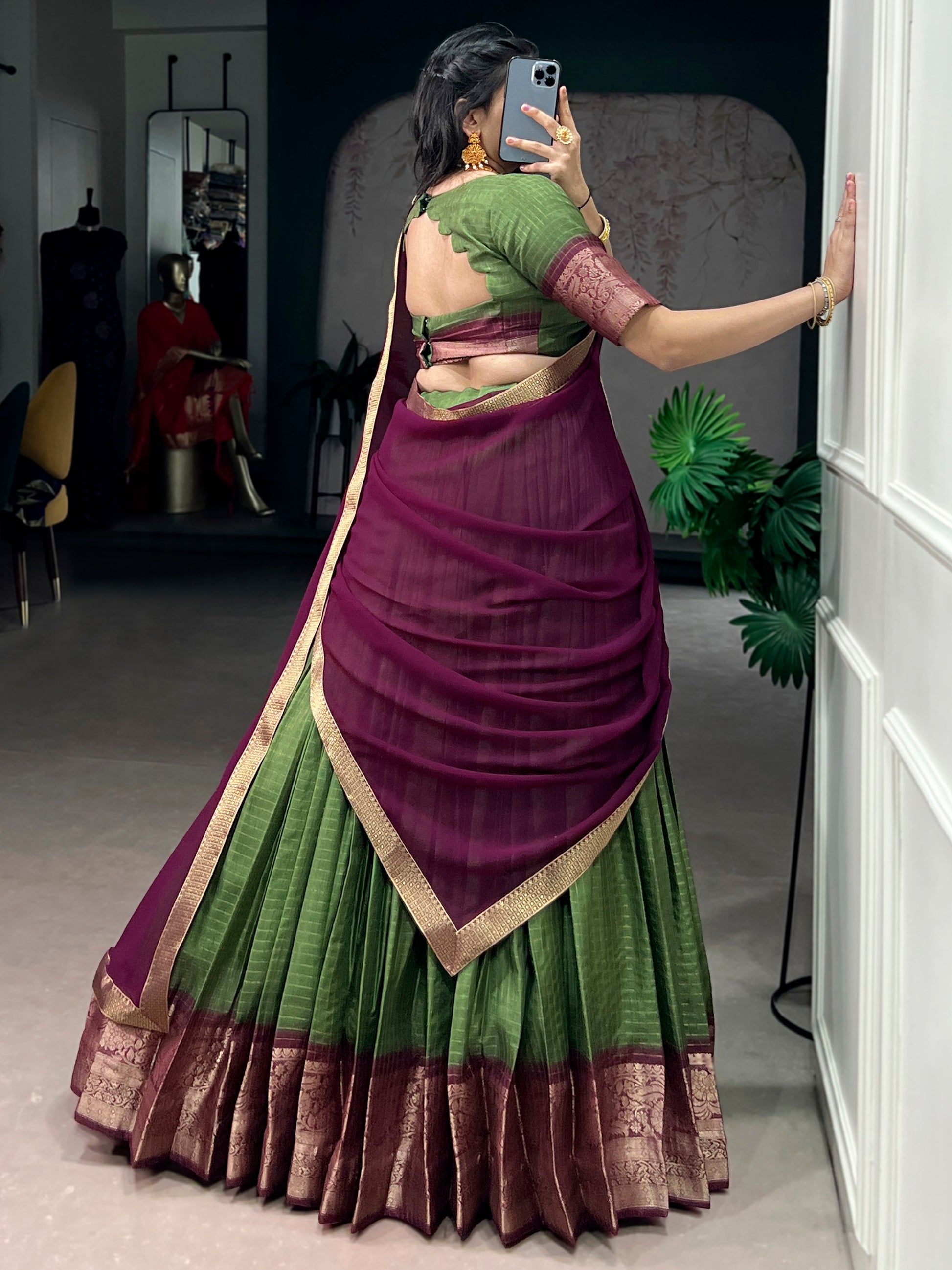 Tantalizing Green Zari Weaving Silk Event Wear Half Saree Lehenga