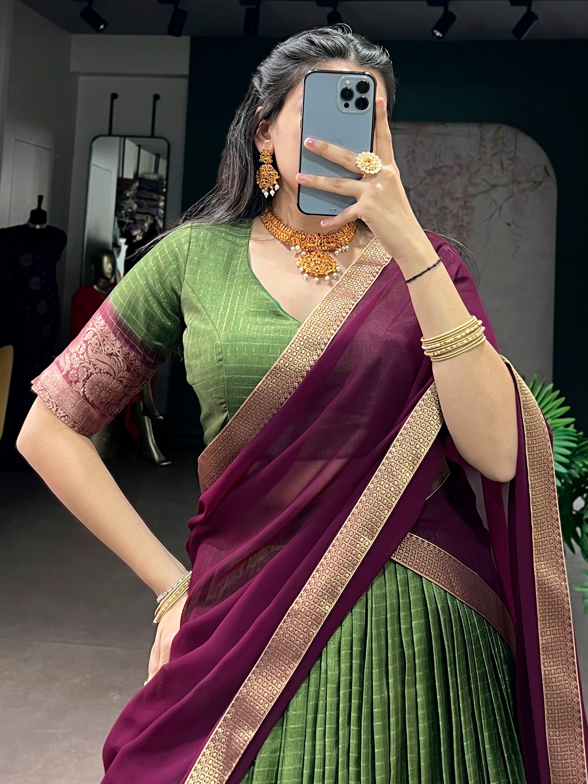 Tantalizing Green Zari Weaving Silk Event Wear Half Saree Lehenga