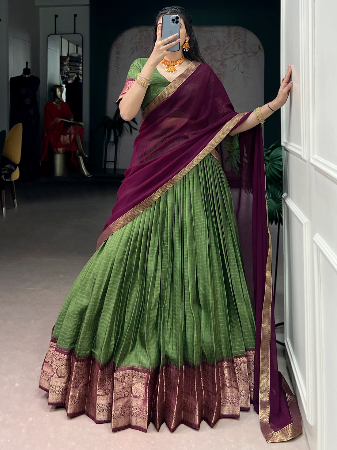 Tantalizing Green Zari Weaving Silk Event Wear Half Saree Lehenga