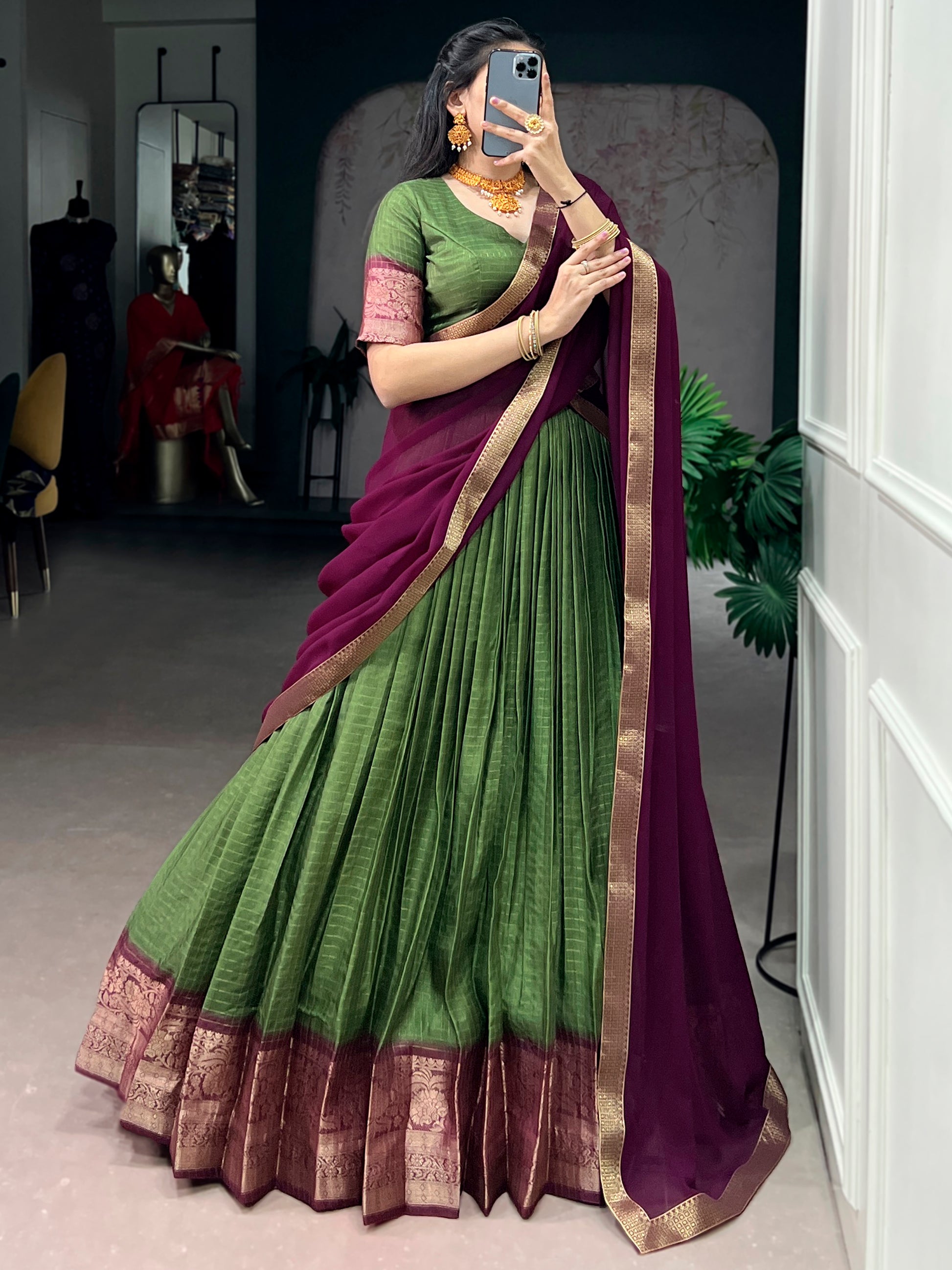 Tantalizing Green Zari Weaving Silk Event Wear Half Saree Lehenga