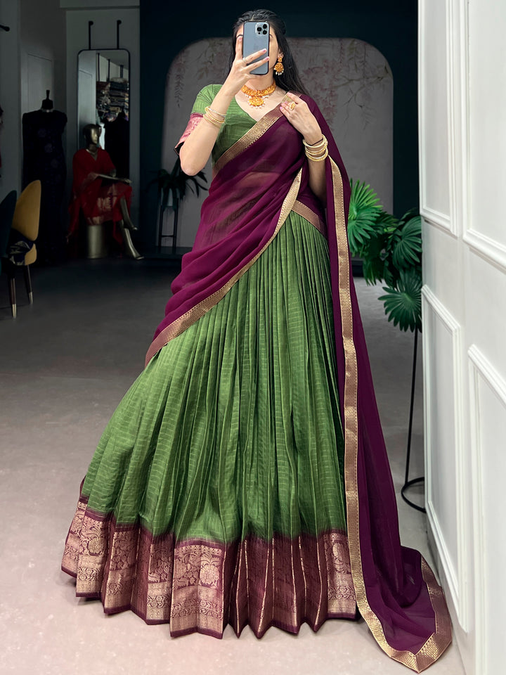 Tantalizing Green Zari Weaving Silk Event Wear Half Saree Lehenga