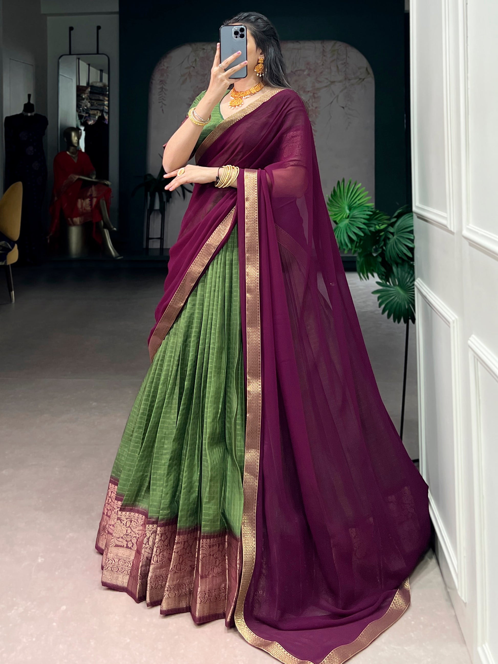 Tantalizing Green Zari Weaving Silk Event Wear Half Saree Lehenga