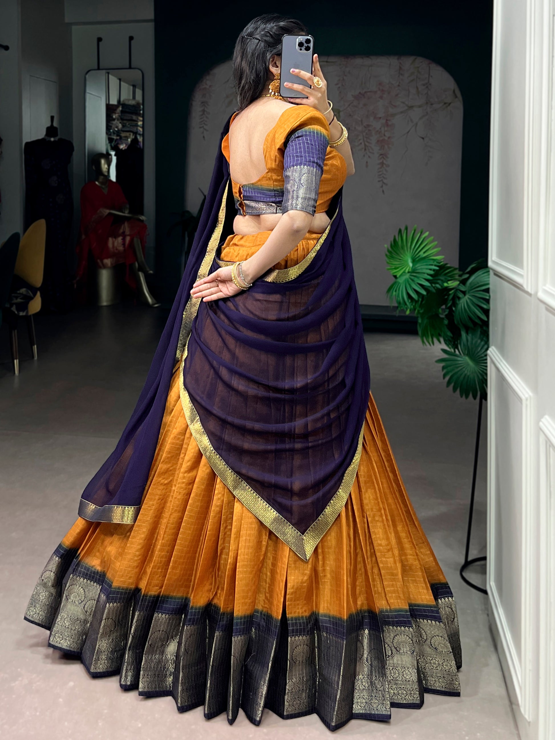 Precious Mustard Yellow Zari Weaving Silk Traditional Half Saree Lehenga