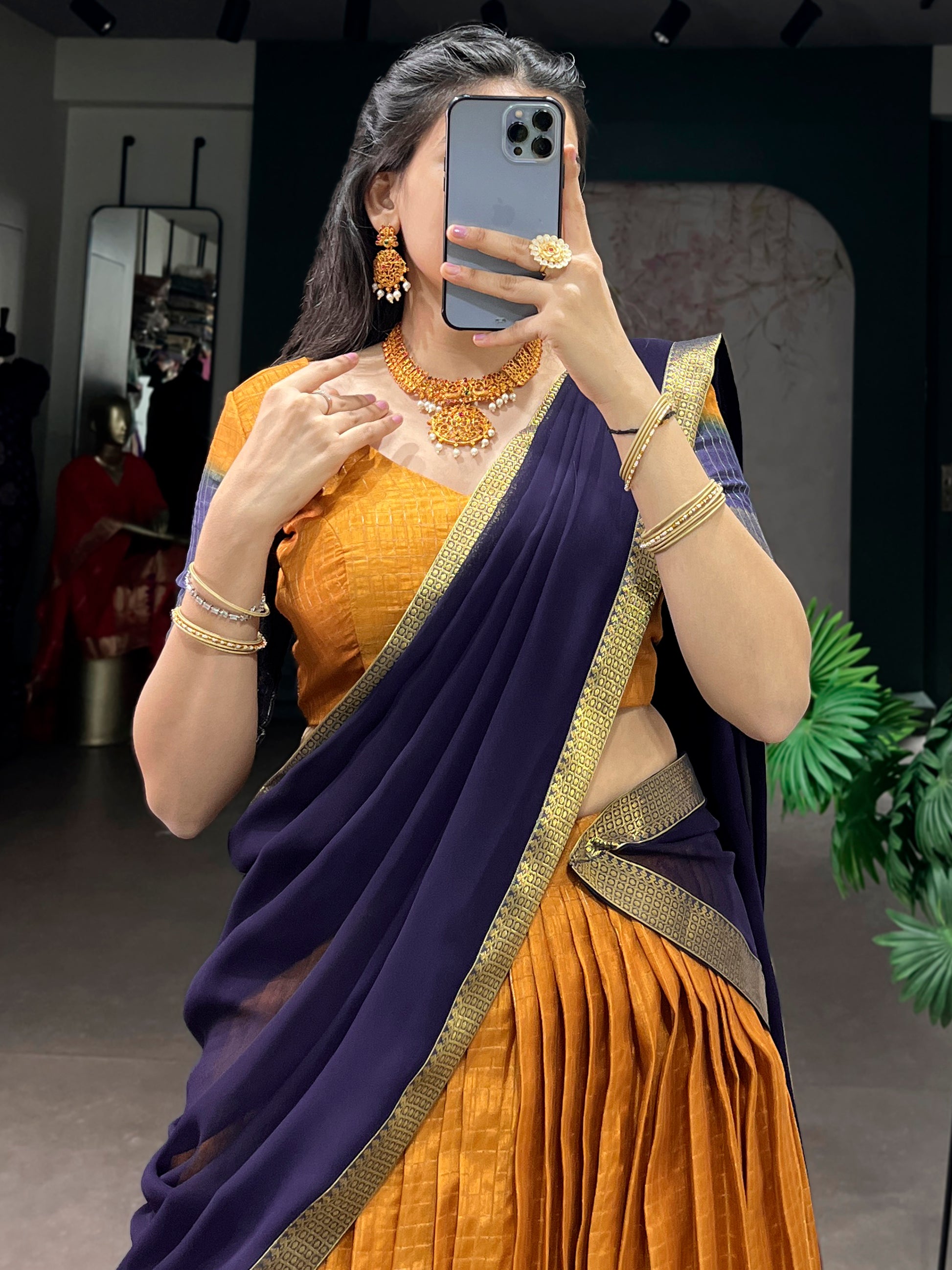 Precious Mustard Yellow Zari Weaving Silk Traditional Half Saree Lehenga