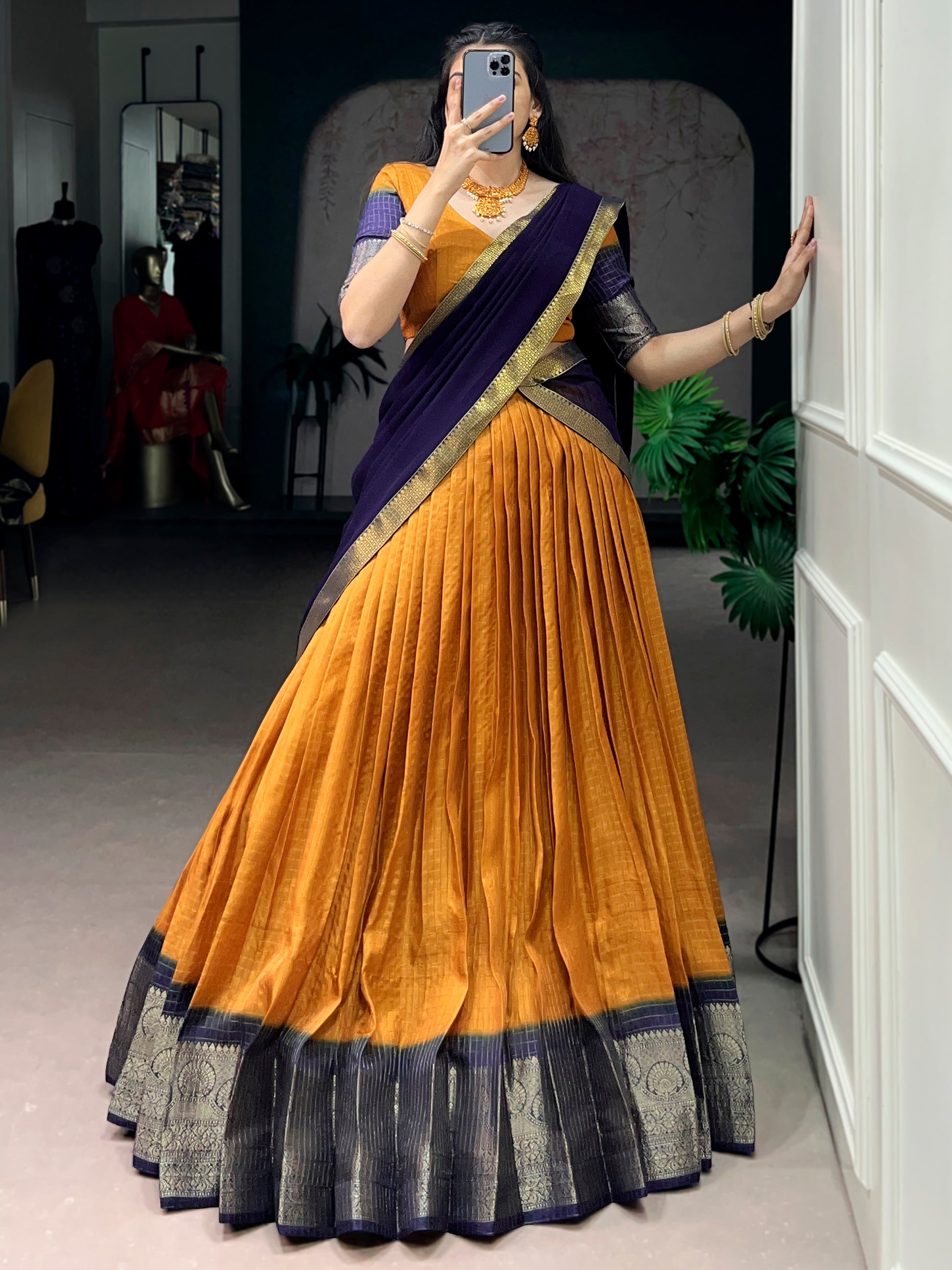 Precious Mustard Yellow Zari Weaving Silk Traditional Half Saree Lehenga