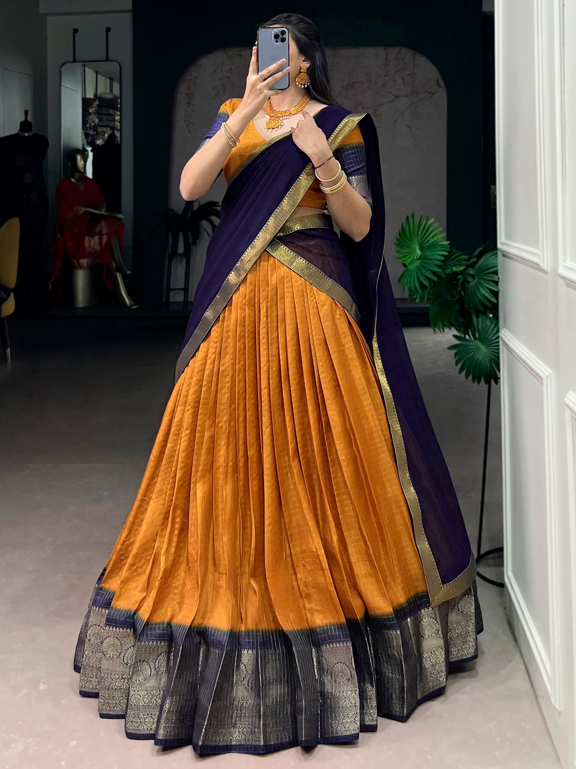 Precious Mustard Yellow Zari Weaving Silk Traditional Half Saree Lehenga