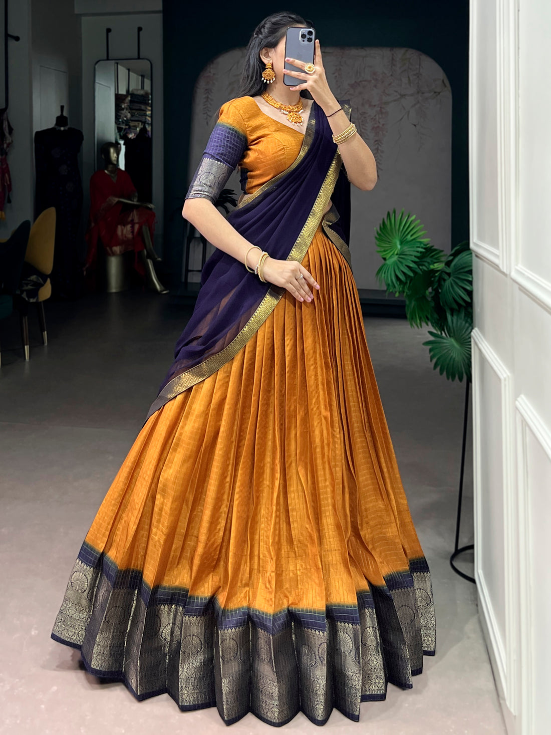 Precious Mustard Yellow Zari Weaving Silk Traditional Half Saree Lehenga