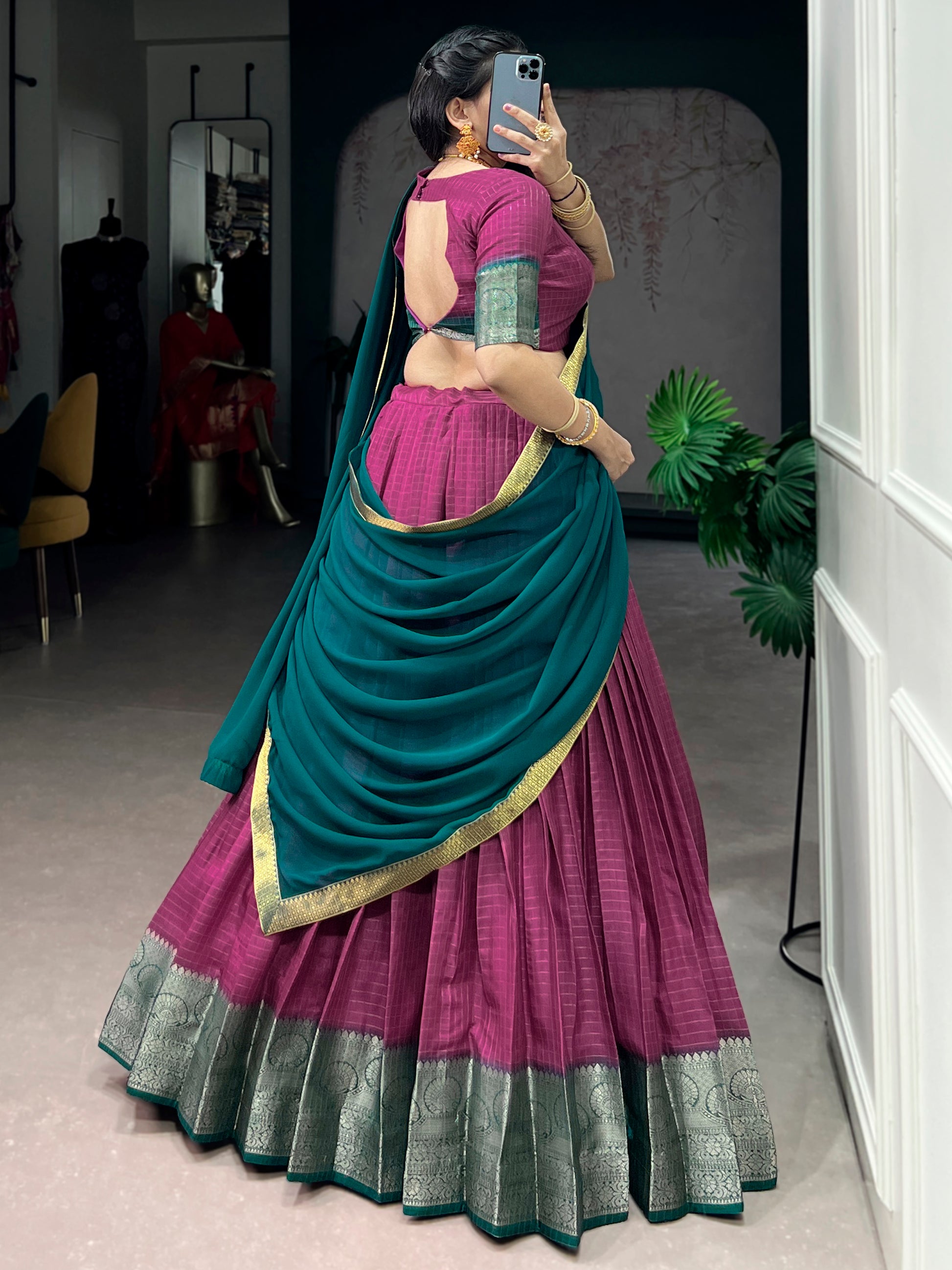 Attractive Pink Zari Weaving Silk Traditional Half Saree Lehenga