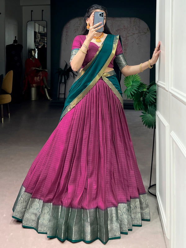 Attractive Pink Zari Weaving Silk Traditional Half Saree Lehenga
