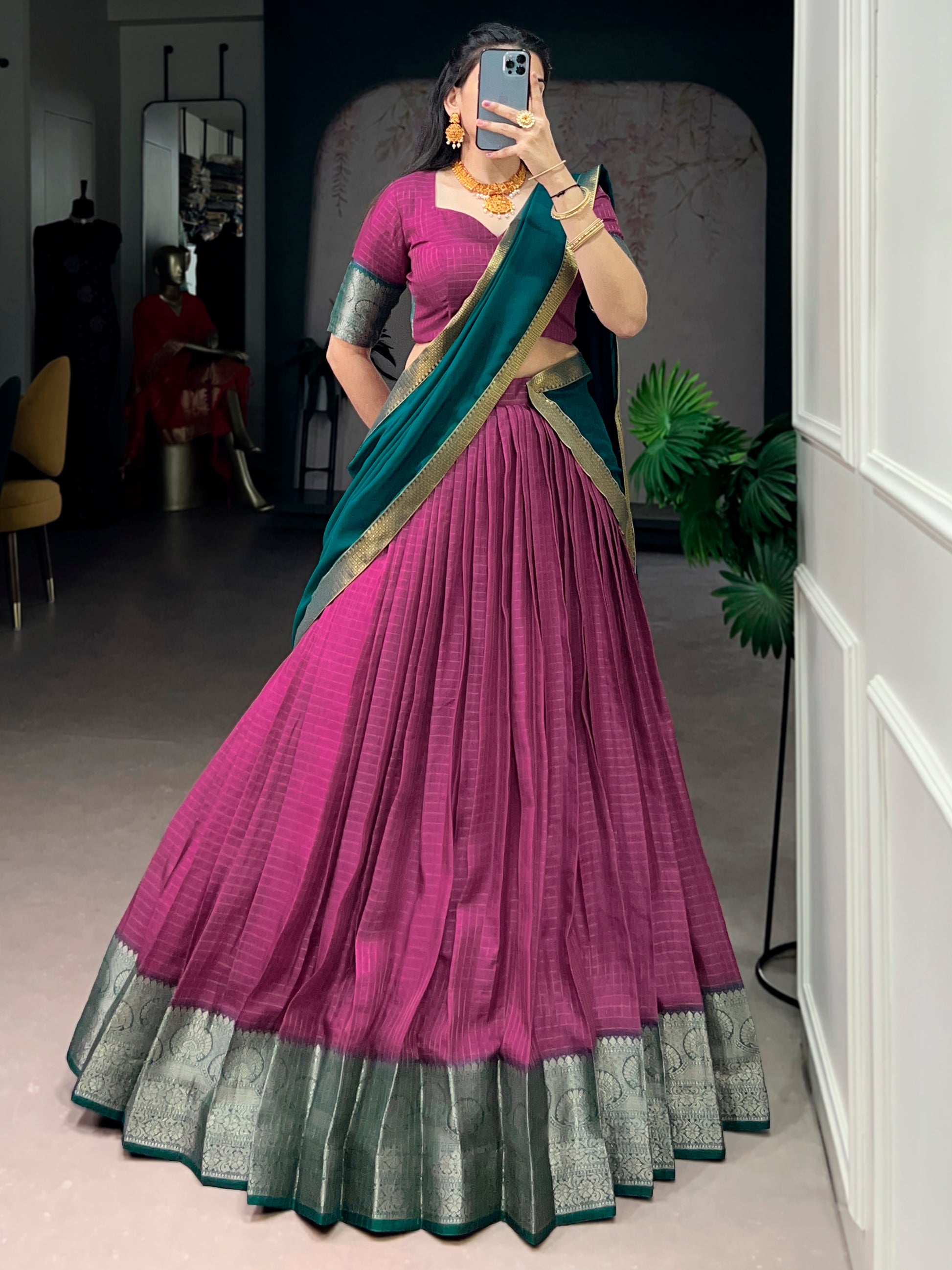 Attractive Pink Zari Weaving Silk Traditional Half Saree Lehenga