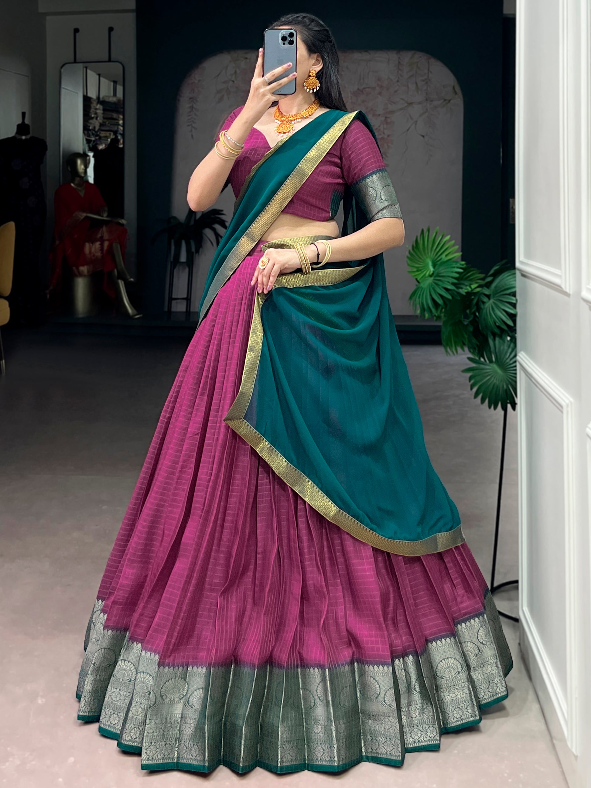 Attractive Pink Zari Weaving Silk Traditional Half Saree Lehenga