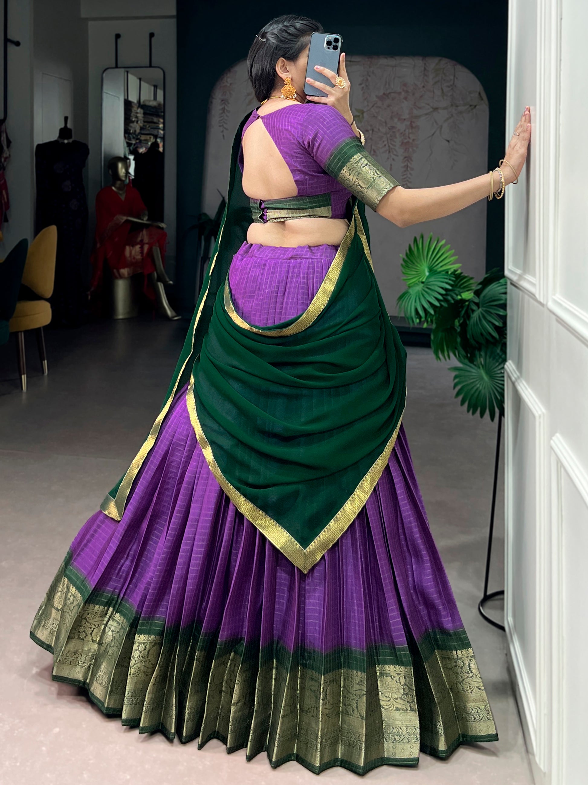 Wonderful Purple Zari Weaving Silk Festival Wear Half Saree Lehenga