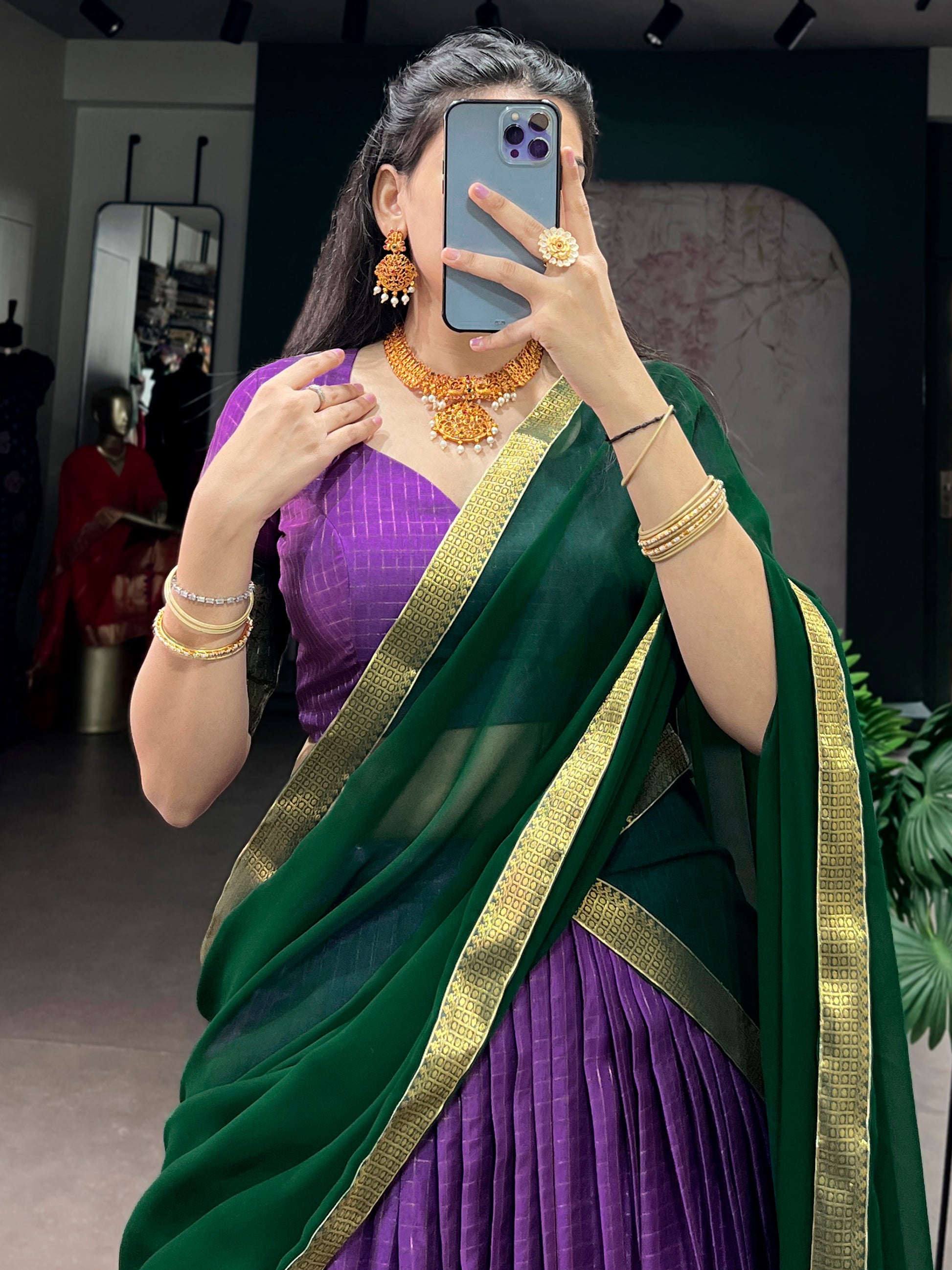 Wonderful Purple Zari Weaving Silk Festival Wear Half Saree Lehenga