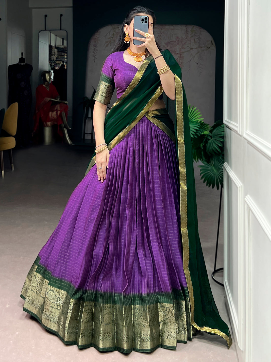 Wonderful Purple Zari Weaving Silk Festival Wear Half Saree Lehenga