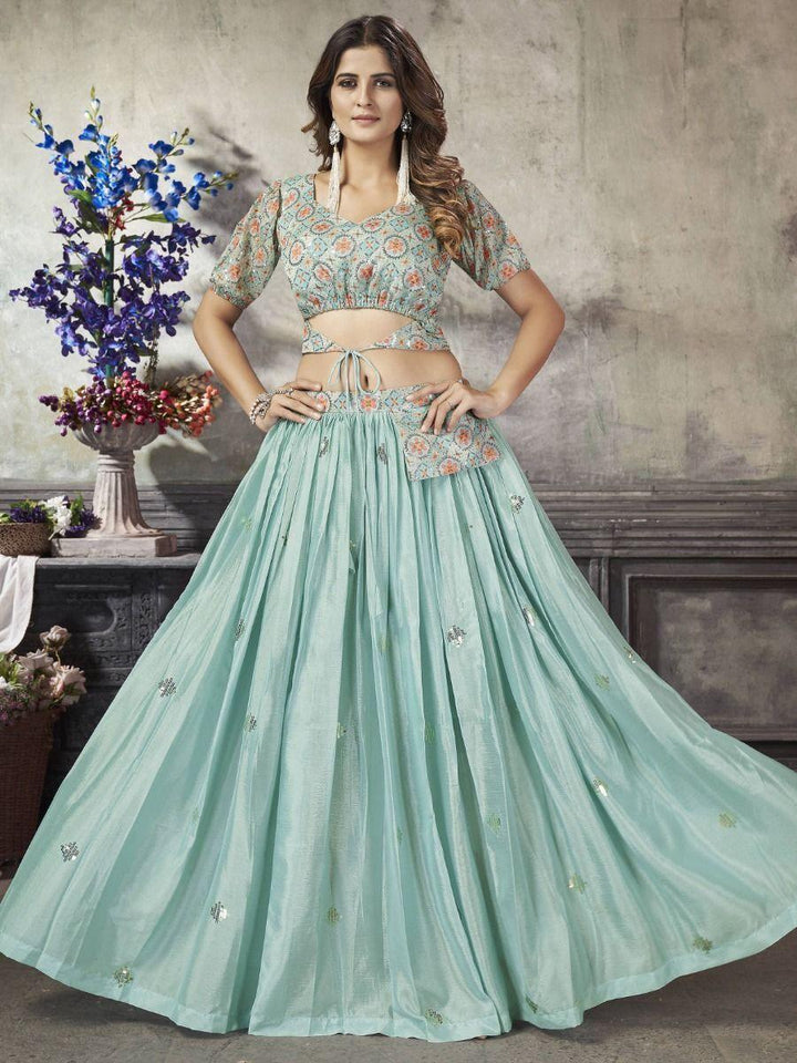 Elegant Sea Green Sequins Work Silk Ready-Made Crop Top Lehenga