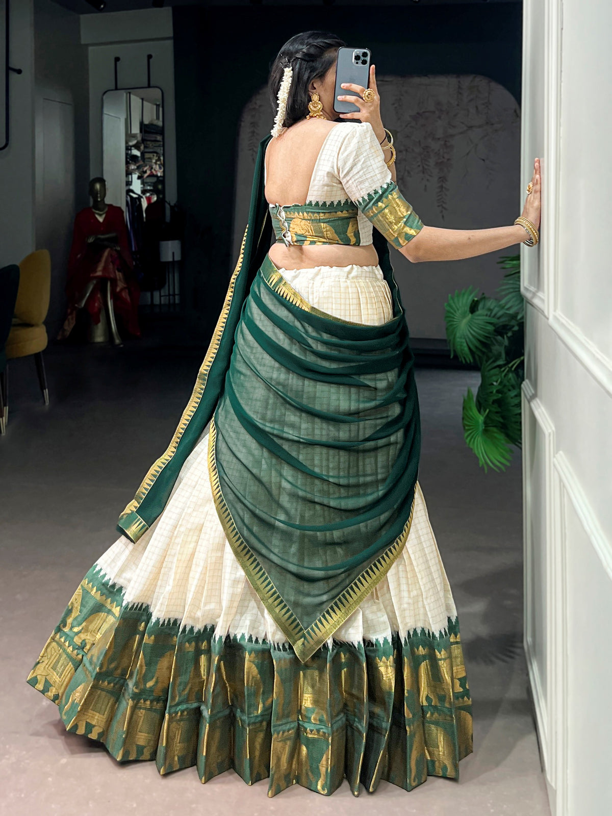 Lovable Green Zari Woven Cotton Festive Wear Half Saree Lehenga Choli
