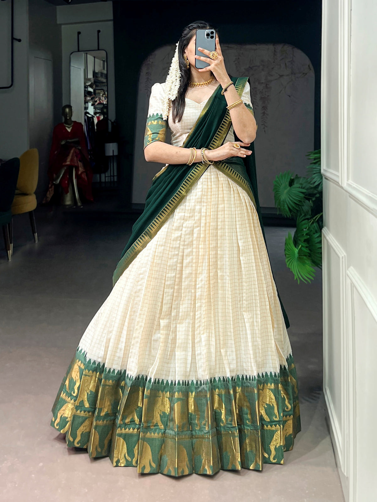 Lovable Green Zari Woven Cotton Festive Wear Half Saree Lehenga Choli