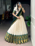 Lovable Green Zari Woven Cotton Festive Wear Half Saree Lehenga Choli
