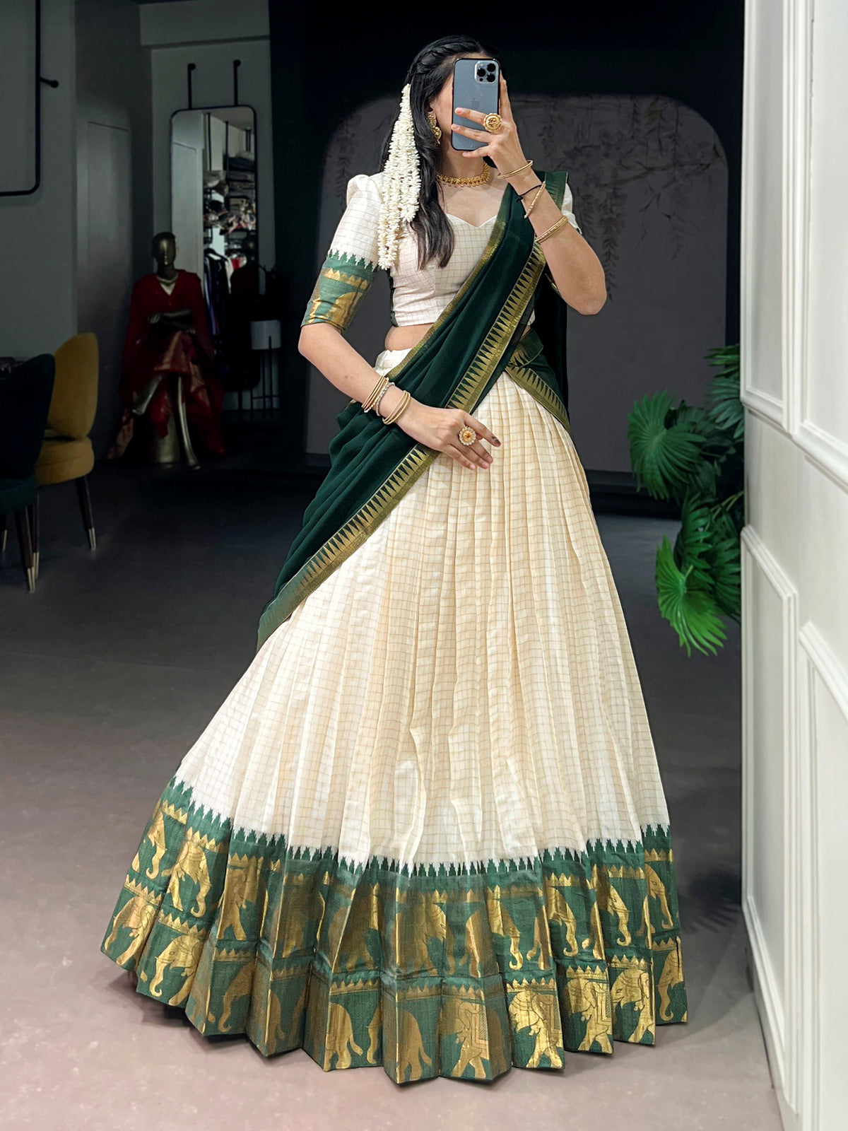 Lovable Green Zari Woven Cotton Festive Wear Half Saree Lehenga Choli