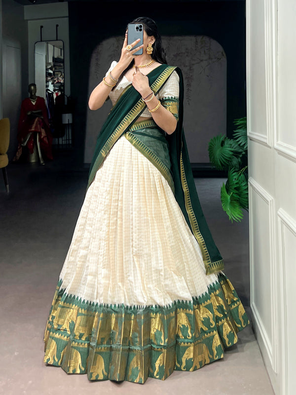 Lovable Green Zari Woven Cotton Festive Wear Half Saree Lehenga Choli