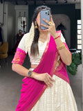 Festive Pink Zari Woven Cotton Festive Wear Half Saree Lehenga Choli