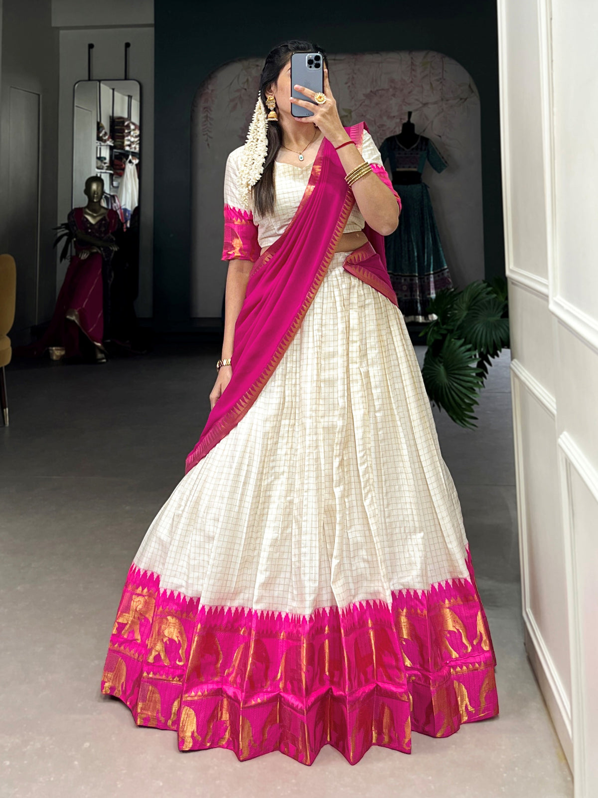 Festive Pink Zari Woven Cotton Festive Wear Half Saree Lehenga Choli