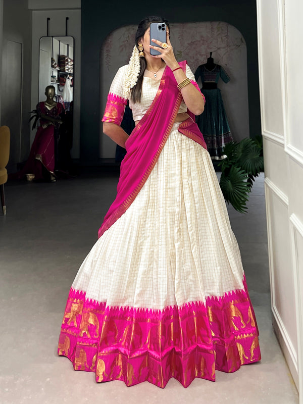 Festive Pink Zari Woven Cotton Festive Wear Half Saree Lehenga Choli