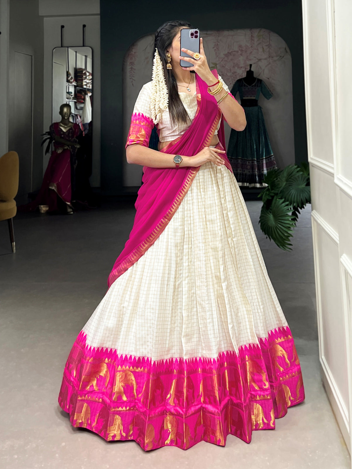 Festive Pink Zari Woven Cotton Festive Wear Half Saree Lehenga Choli
