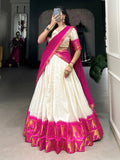 Festive Pink Zari Woven Cotton Festive Wear Half Saree Lehenga Choli