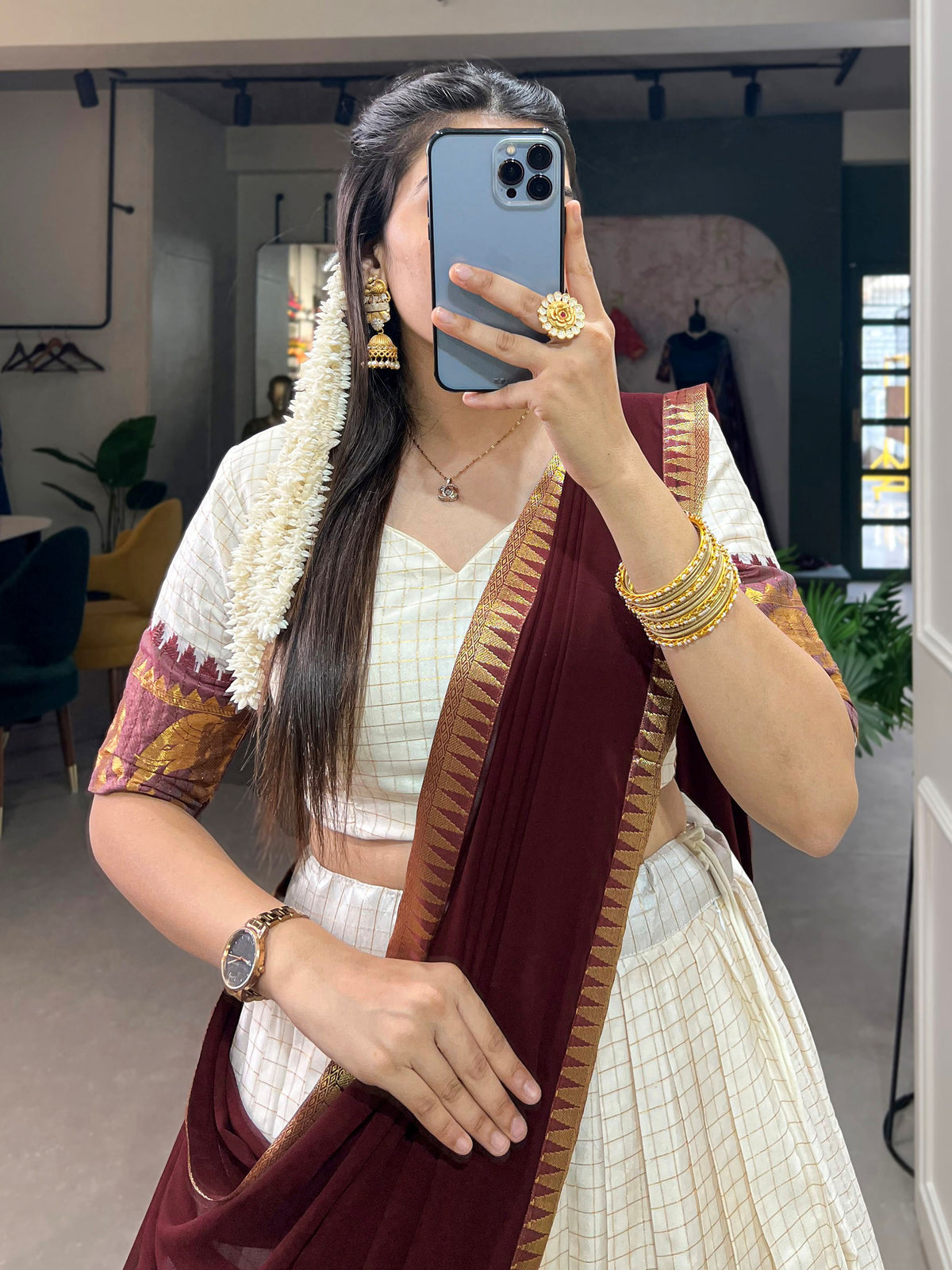 Rich Maroon Zari Weaving Cotton Festive Wear Half Saree Lehenga Choli