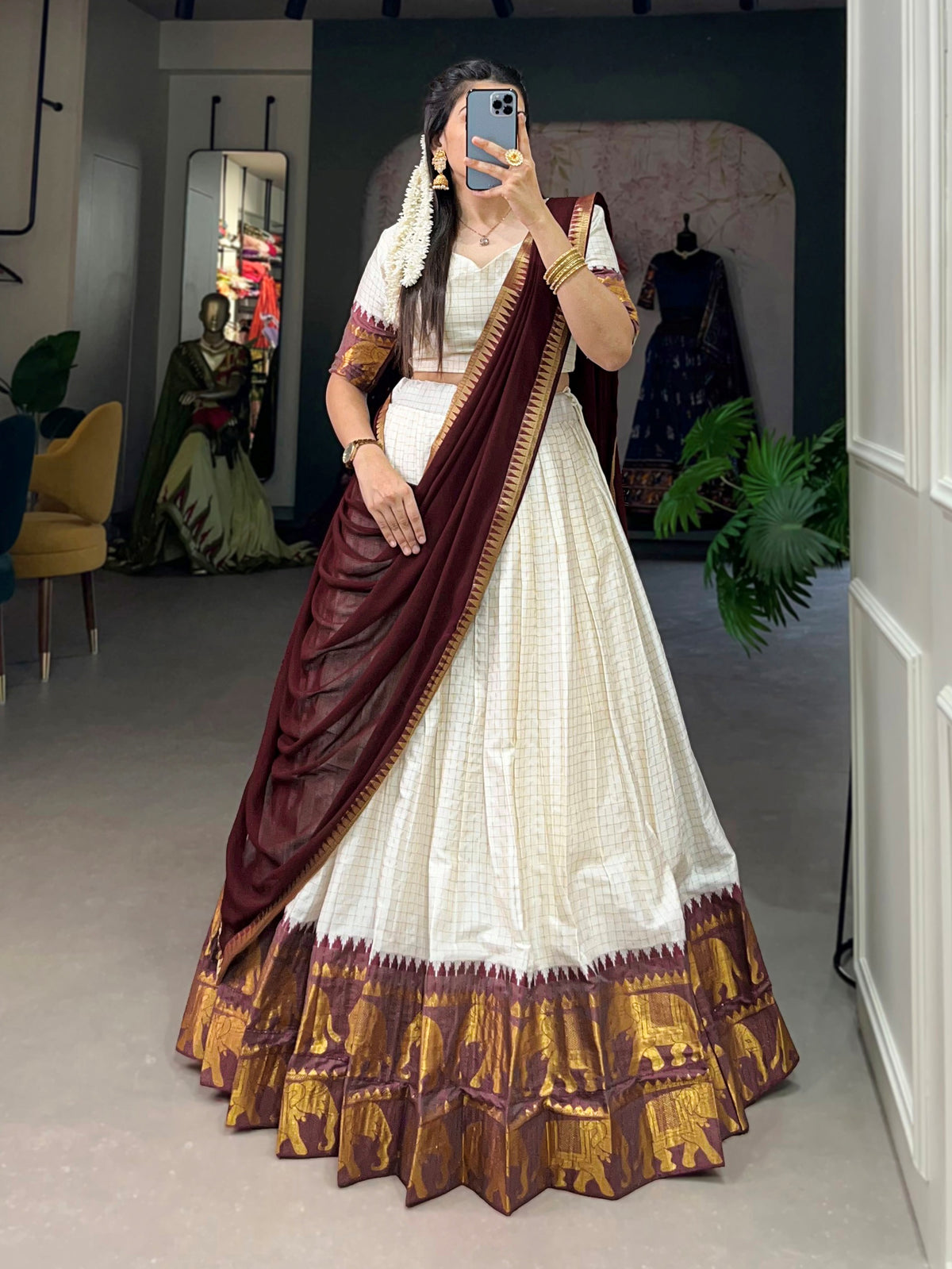 Rich Maroon Zari Weaving Cotton Festive Wear Half Saree Lehenga Choli