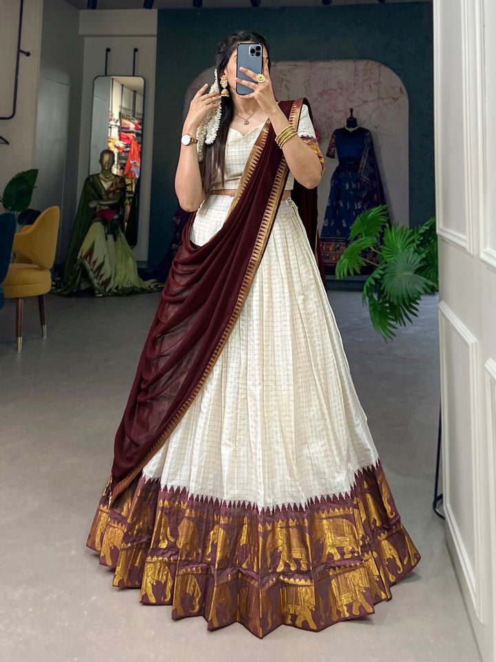 Rich Maroon Zari Weaving Cotton Festive Wear Half Saree Lehenga Choli
