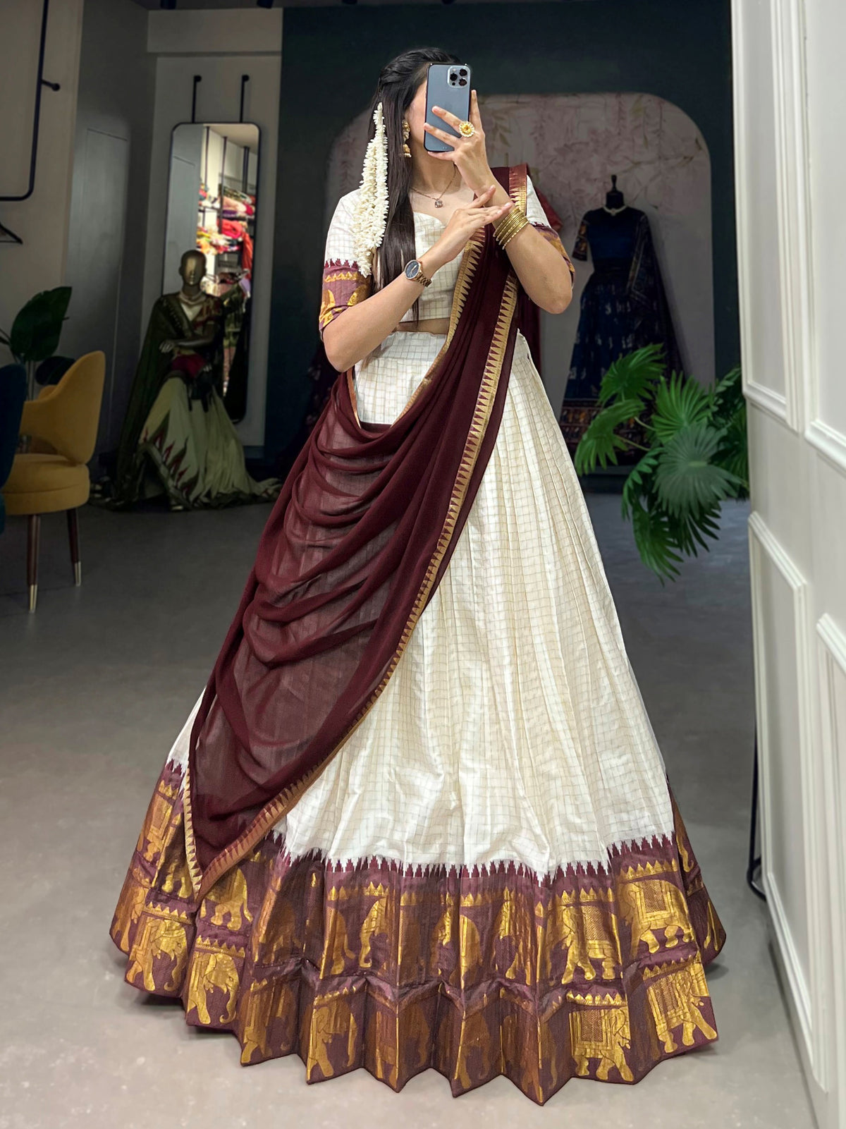 Rich Maroon Zari Weaving Cotton Festive Wear Half Saree Lehenga Choli