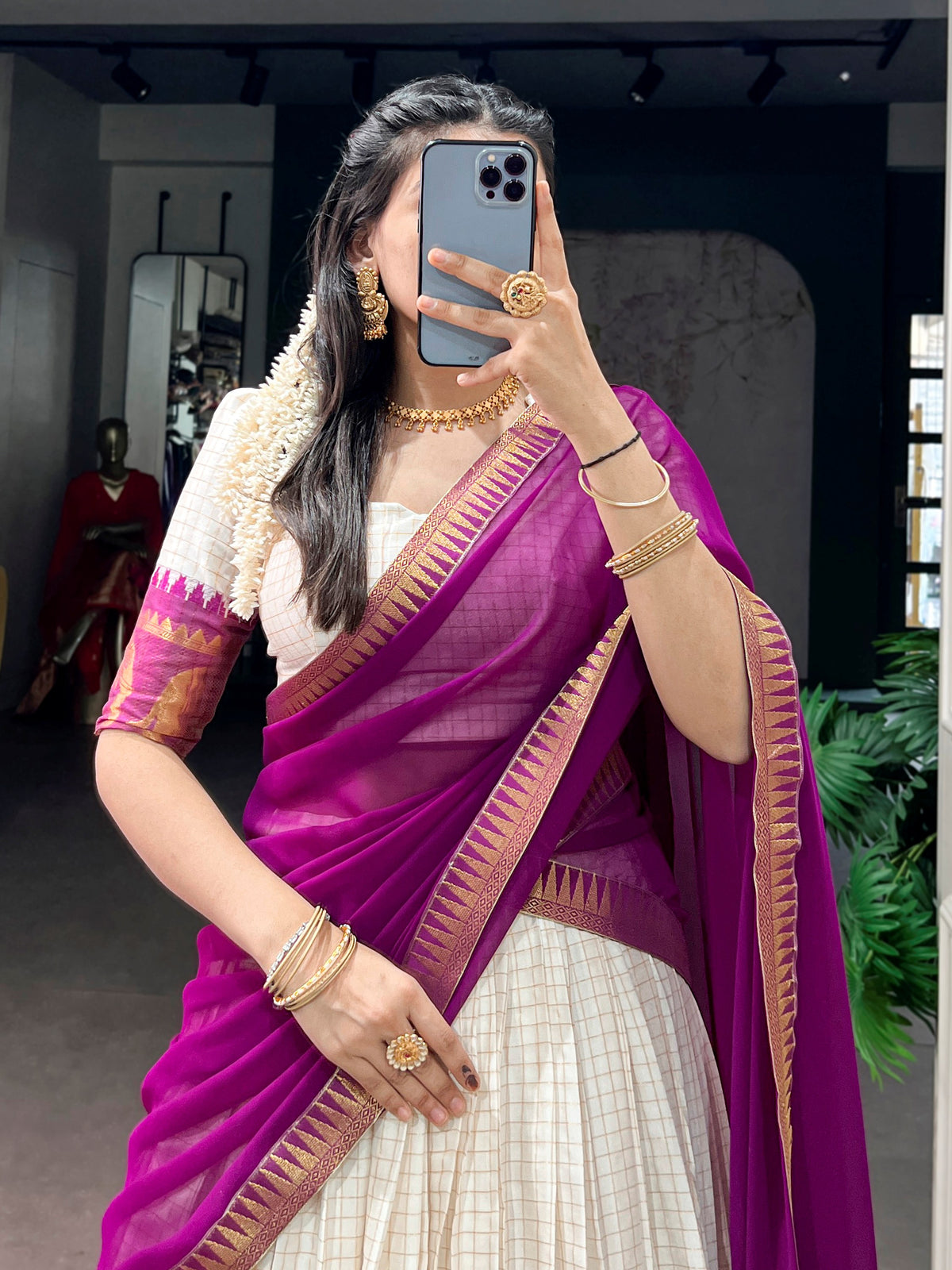 Regal Wine Zari Work Cotton Festive Wear Half Saree Lehenga