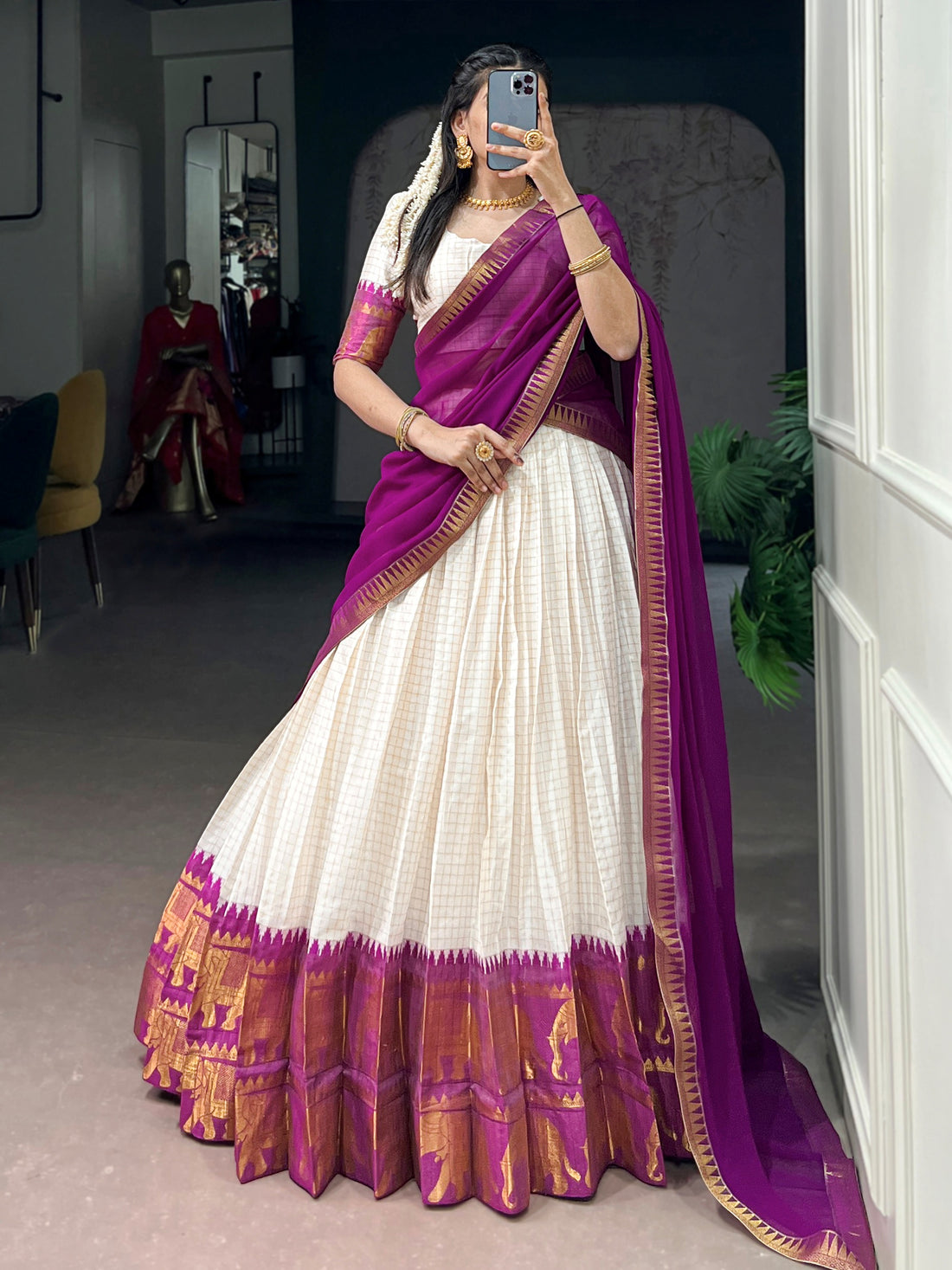Regal Wine Zari Work Cotton Festive Wear Half Saree Lehenga
