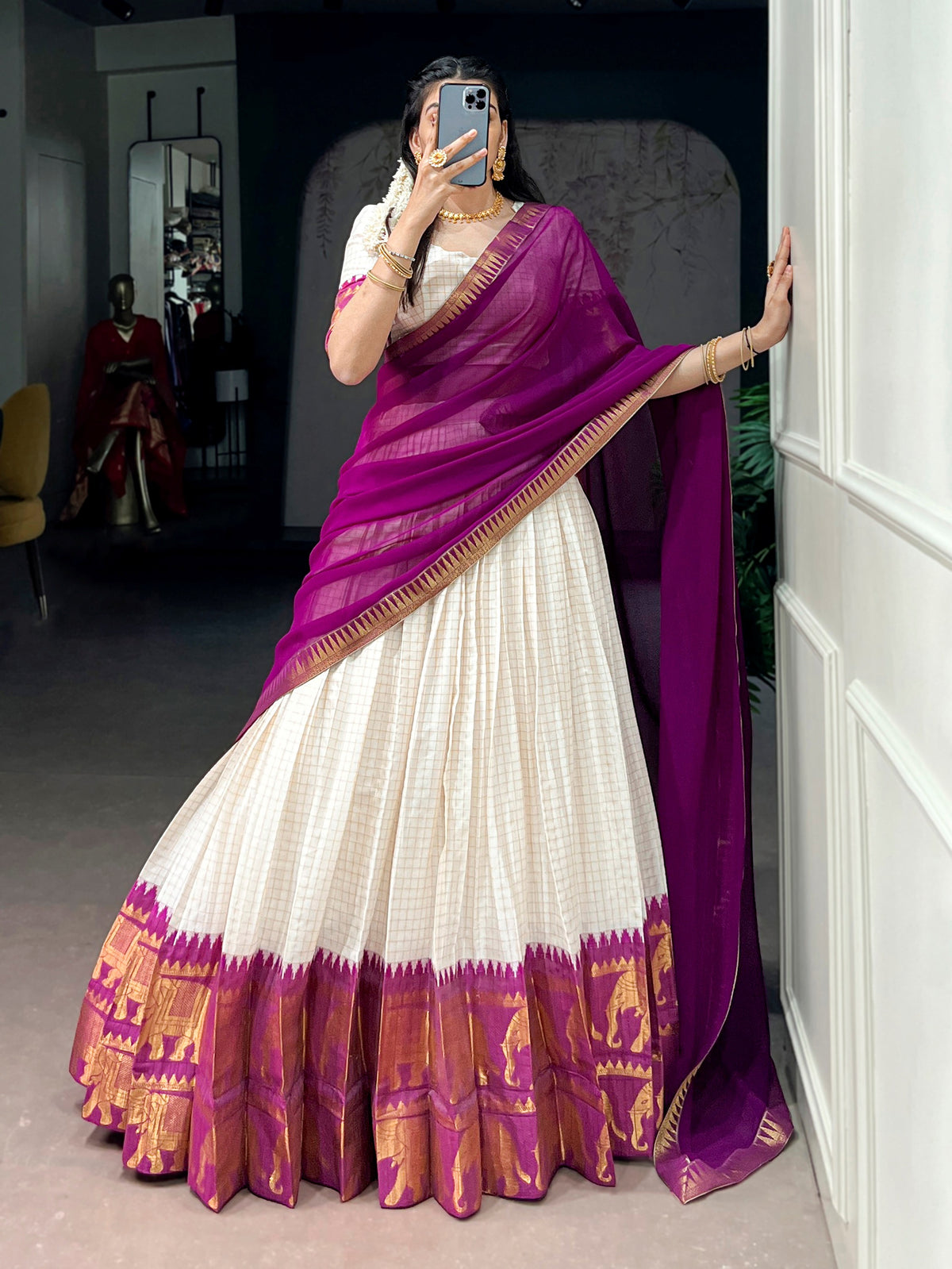 Regal Wine Zari Work Cotton Festive Wear Half Saree Lehenga
