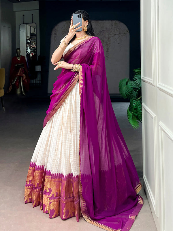 Regal Wine Zari Work Cotton Festive Wear Half Saree Lehenga