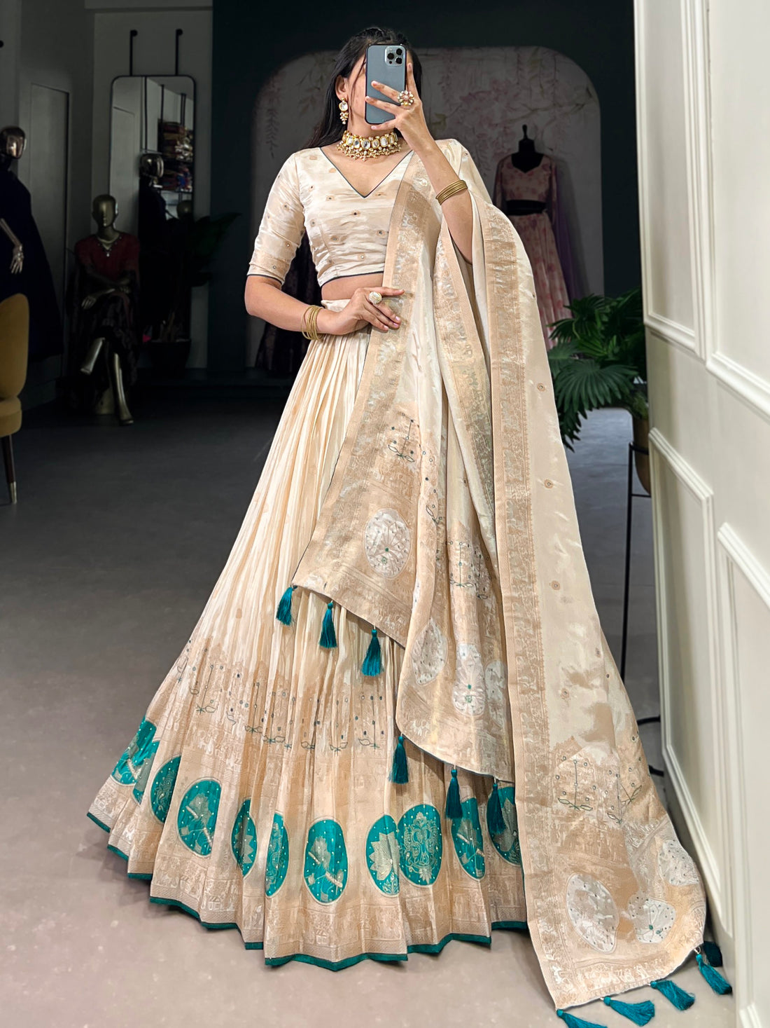 Attractive Off-White Bead Work Silk Designer Lehenga Choli With Dupatta