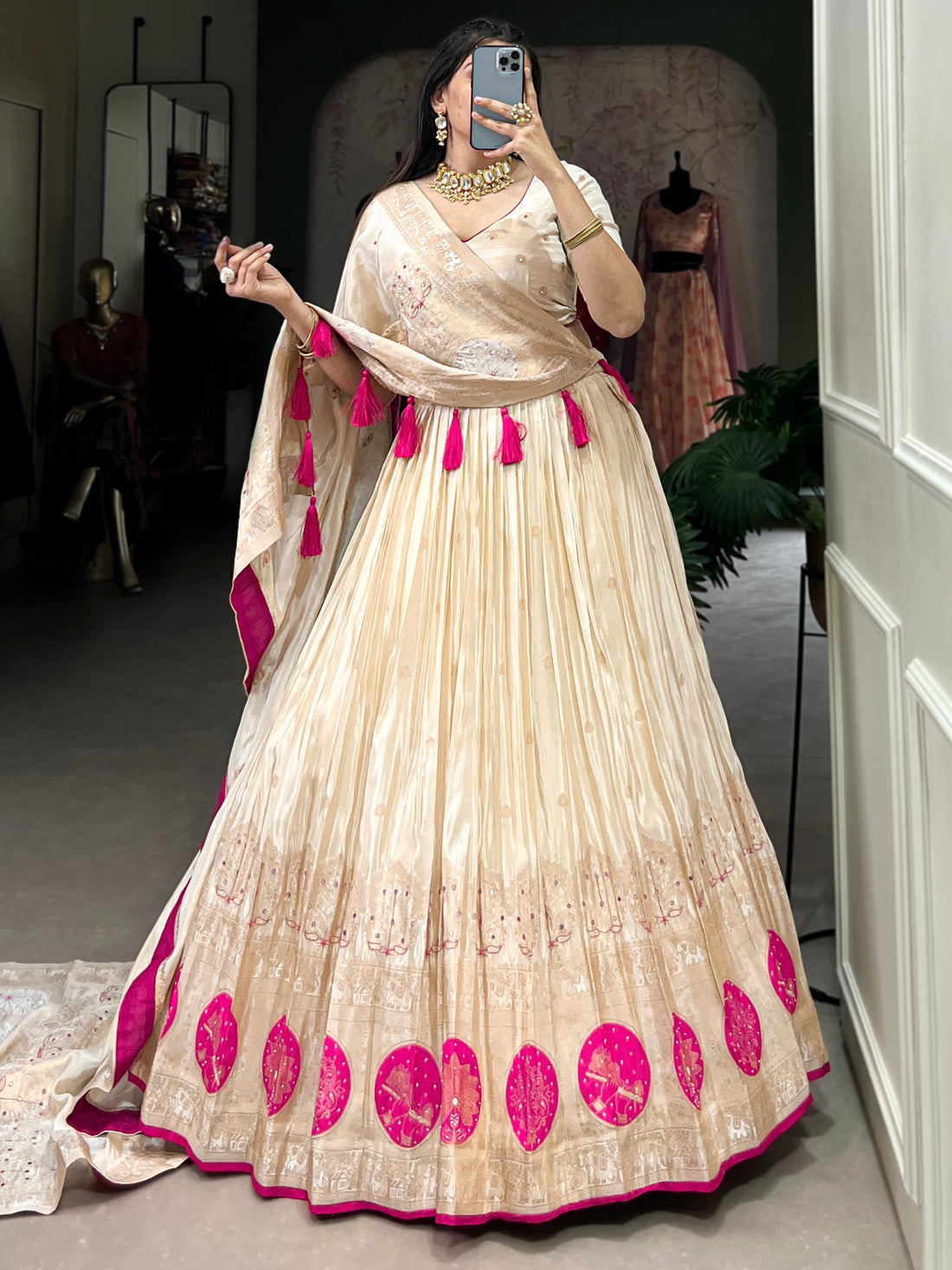 Stunning Off-White Mirror Work Silk Festive Wear Lehenga Choli