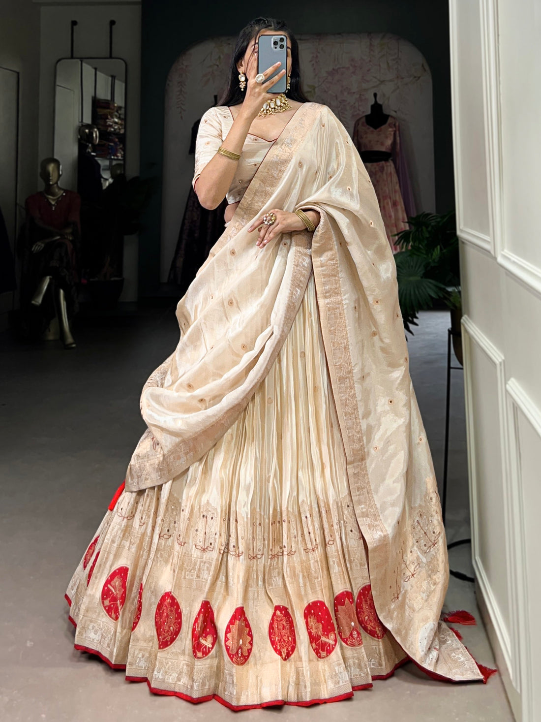 Alluring Off-White Bead Work Silk Wedding Wear Lehenga Choli With Dupatta