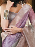 Regal Purple And Grey Digital Printed Organza Traditional Saree With Blouse