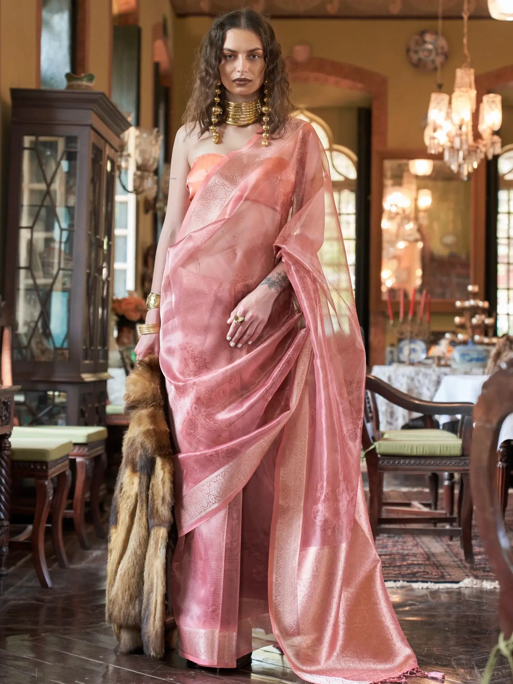 Wonderful Peach Zari Weaving Organza Festive Wear Saree With Blouse