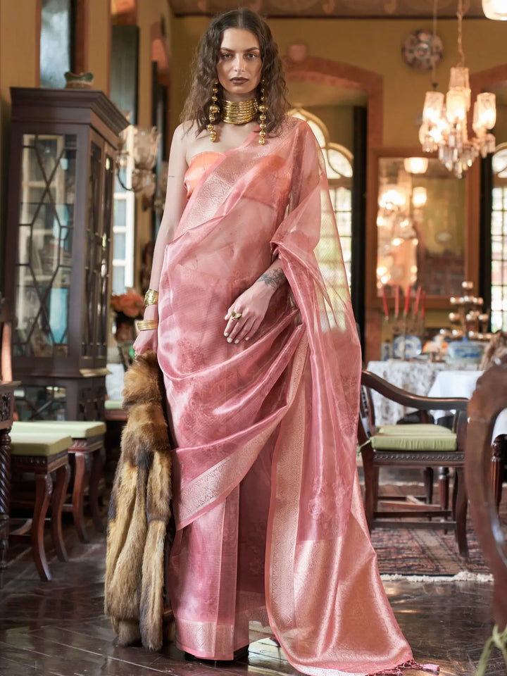 Wonderful Peach Zari Weaving Organza Festive Wear Saree With Blouse