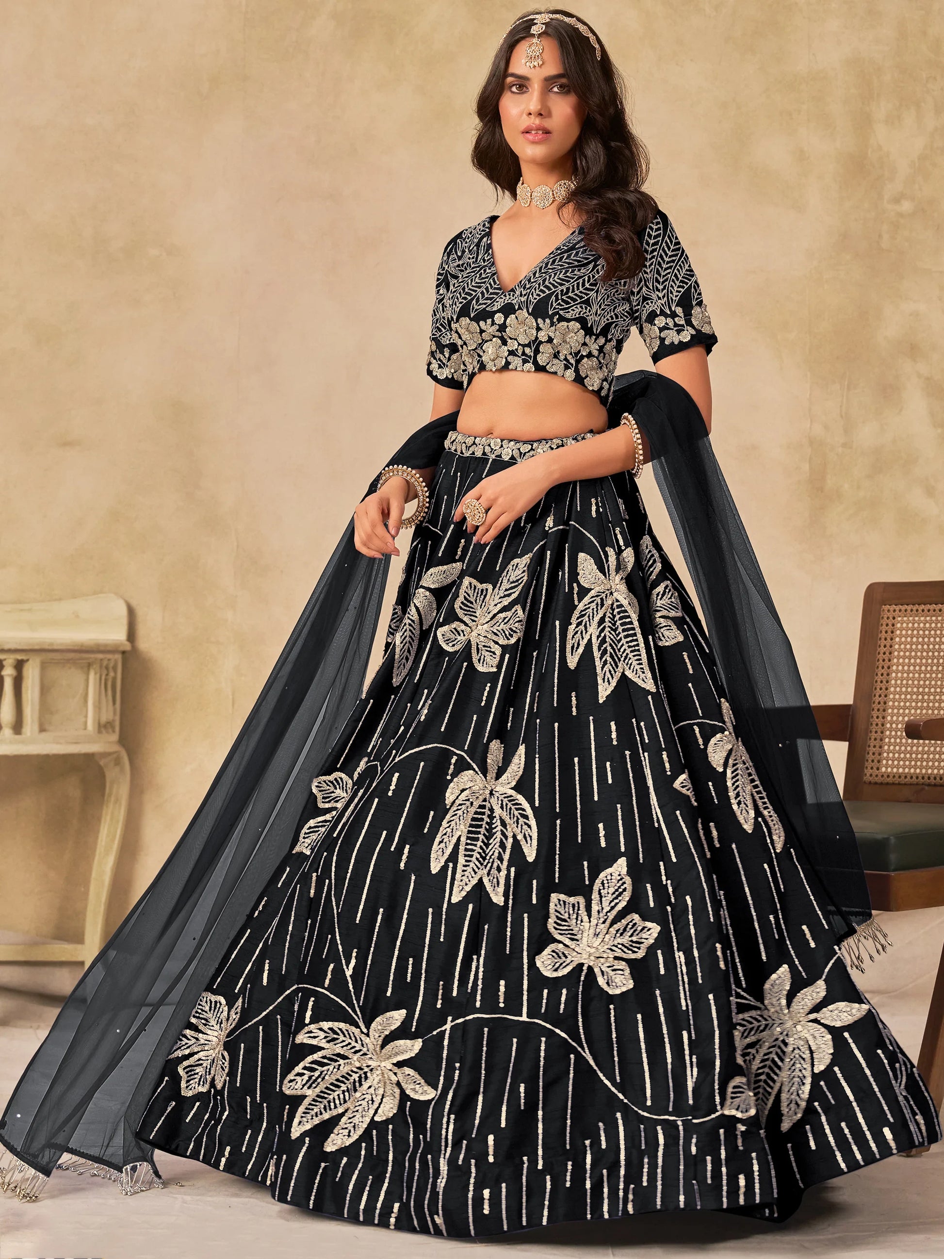 Sensational Black Sequins Art Silk Evening Wear Lehenga Choli With Dupatta