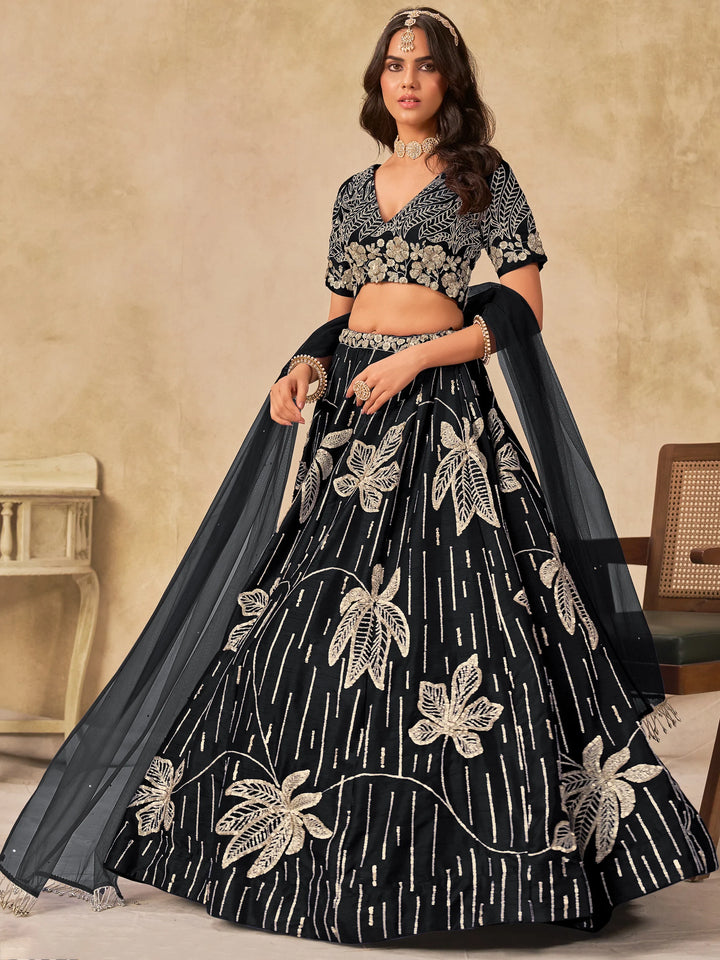 Sensational Black Sequins Art Silk Evening Wear Lehenga Choli With Dupatta