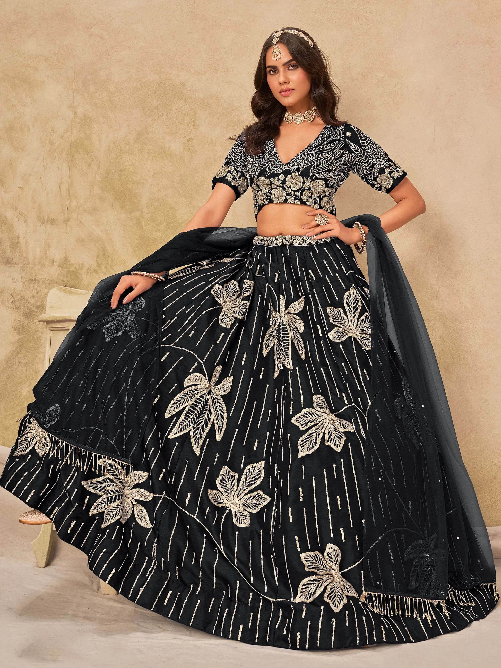 Sensational Black Sequins Art Silk Evening Wear Lehenga Choli With Dupatta