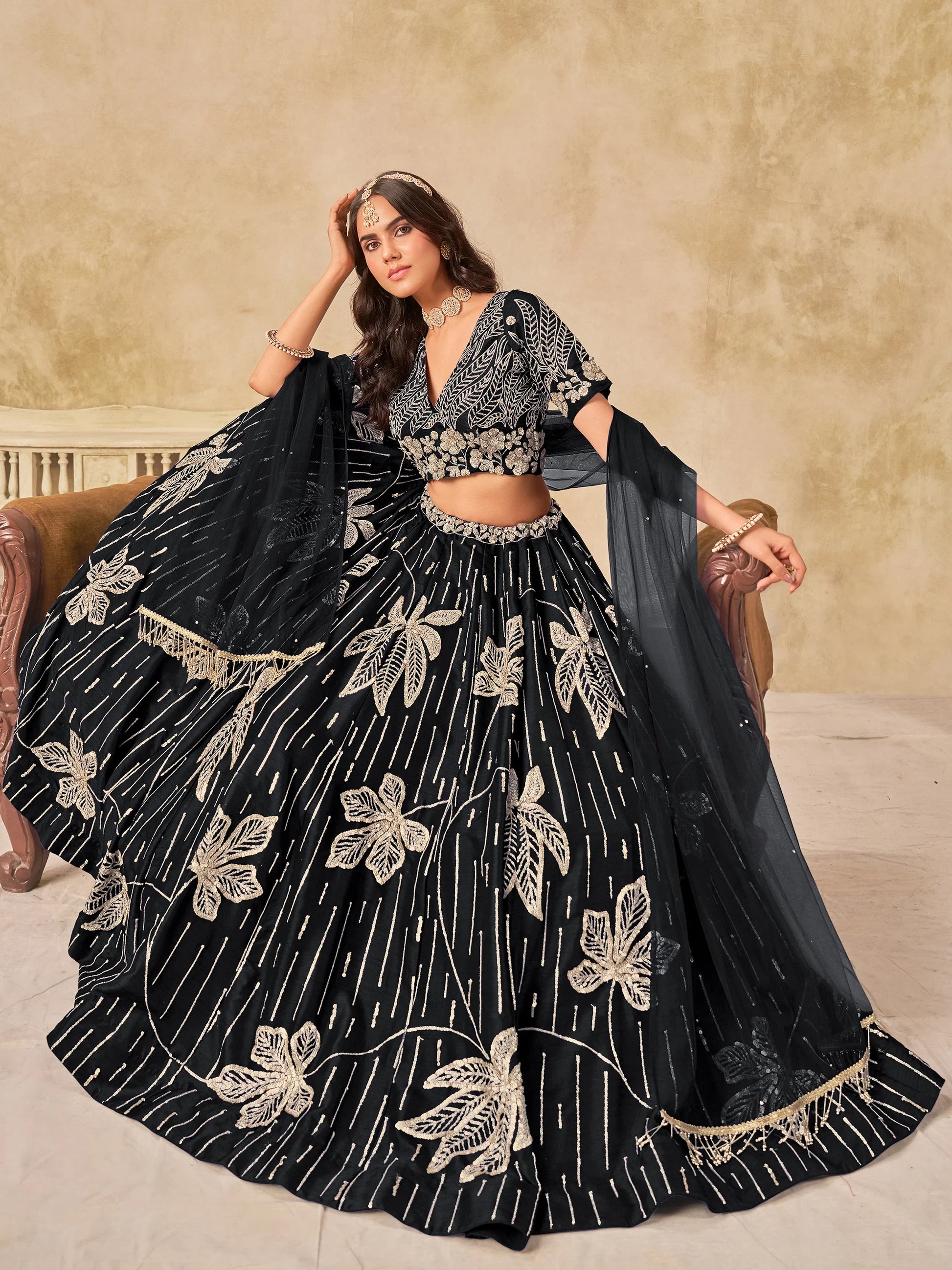 Sensational Black Sequins Art Silk Evening Wear Lehenga Choli With Dupatta