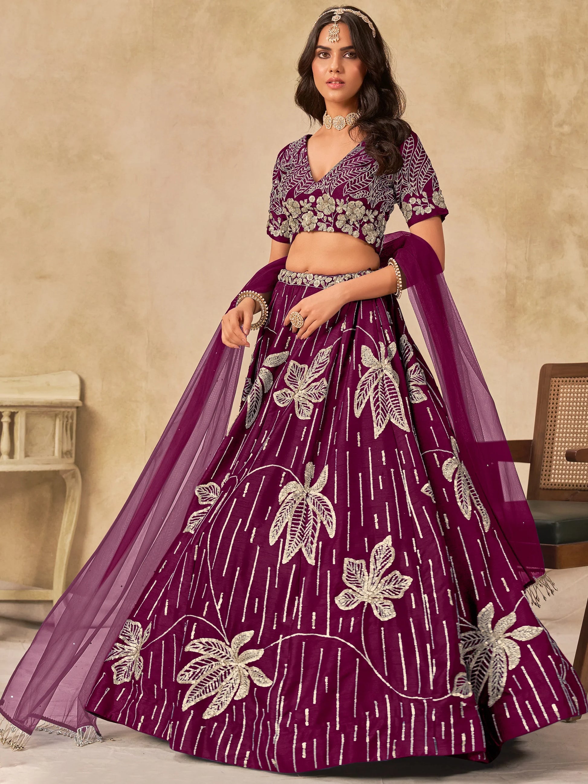 Notable Wine Thread Work Art Silk Wedding Wear Lehenga With Blouse