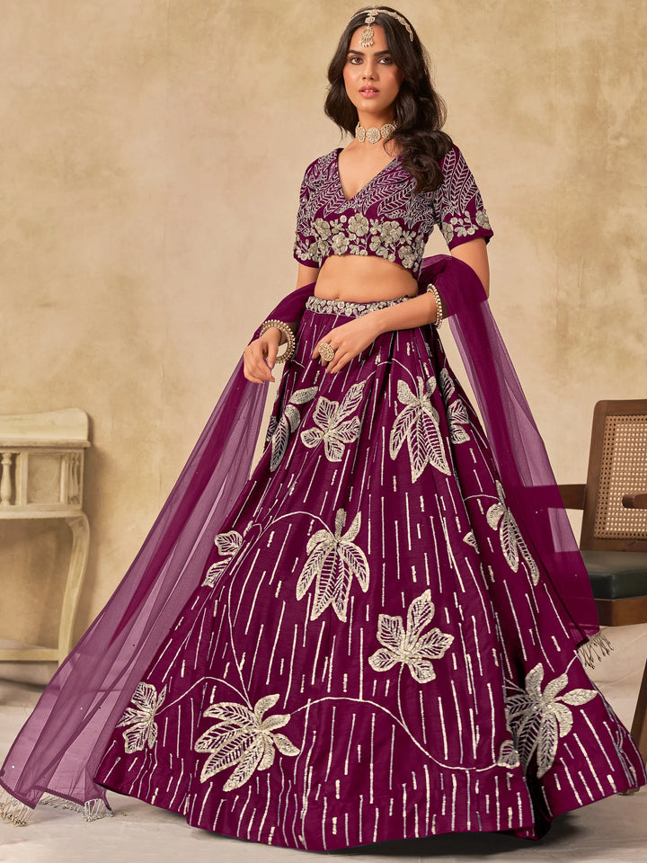Notable Wine Thread Work Art Silk Wedding Wear Lehenga With Blouse