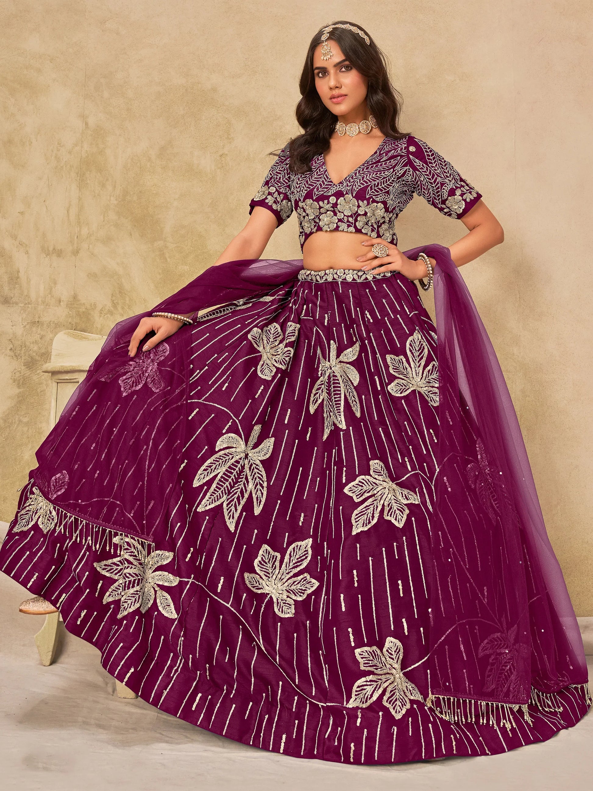 Notable Wine Thread Work Art Silk Wedding Wear Lehenga With Blouse
